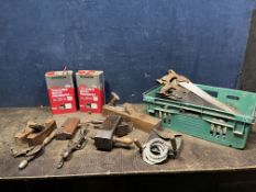 A TRAY CONTAINING CARPENTRY TOOLS, including a wooden dowel plane, a wooden moulding plane, three