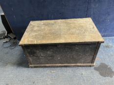 A VINTAGE WOODEN TOOL CHEST, with tools in two sliding shelves, including a brace and bits, files,