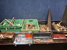 FOUR TRAYS AND A TOOLBOX CONTAINING TOOLS including three partial socket sets, spanners, wood