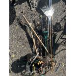 A COLLECTION OF GARDEN TOOLS, including tree loppers, forks, rakes, spades, etc (15+)