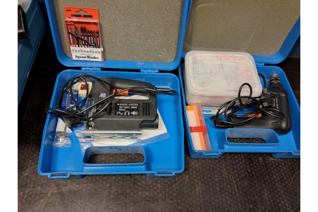 A METAL TOOLBOX AND TWO PLASTIC BOXES CONTAINING TOOLS including Black and Decker drill and - Image 3 of 3