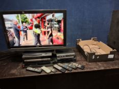 A BUSH L32M1CA 32in TV with remote, a Technika Blu-ray player with remote, an Aiwa video player with
