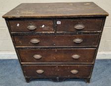 AN EARLY 20TH CENTURY PINE CHEST OF TWO SHORT OVER THREE LONG DRAWERS, width 91cm x depth 54cm x