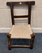 A 19TH CENTURY ELM FRAMED SUGAN CHAIR, with a rope seat, width 46cm x depth 51cm x height 75cm x