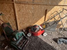 A LEASR BY MOUNTFIELD PETROL LAWN MOWER, with collection bag, and a vintage petrol cylinder mower