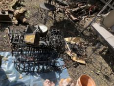A COLLECTION OF GARDEN METALWARE, including eleven hanging baskets, wall lamps, bracketed wall