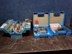 A METAL TOOLBOX AND TWO PLASTIC BOXES CONTAINING TOOLS including Black and Decker drill and