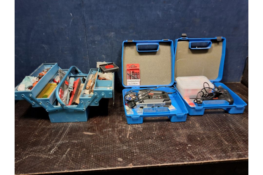 A METAL TOOLBOX AND TWO PLASTIC BOXES CONTAINING TOOLS including Black and Decker drill and - Image 1 of 3
