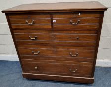 AN EARLY 20TH CENTURY MAHOGANY CHEST OF TWO SHORT OVER THREE LONG DRAWERS, raised on later