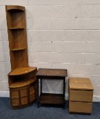 A MID-CENTURY NATHAN TEAK CORNER CUPBOARD, with double doors, width 64cm x depth 44cm x height