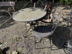 A MODERN WROUGHT IRON AND GRANITE GARDEN TABLE AND TWO CHAIRS, granite table top 75cm in diameter (