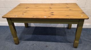A PARTIALLY GREEN PAINTED PINE RECTANGULAR TABLE, raised on block and turned legs, width 152cm x