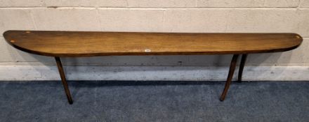 A LONG HARDWOOD BENCH, raised on four legs, width 204cm x depth 30cm x height 46cm, condition