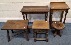 FIVE PIECES OF OAK OCCASIONAL FURNITURE, to include a table with a hinged lid, width 64cm x depth