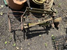 A COLLECTION OF METALWARE, including two rain hoppers (one dated 1902), a distressed child's cast