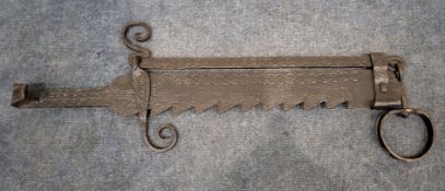 A WROUGHT IRON ADJUSTABLE TRAMMEL HOOK, maximum length 156cm x minimum length 103cm, condition