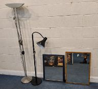 TWO RECTANGULAR WALL MIRRORS, largest mirror 77cm x 53cm, along with two standard lamps, condition