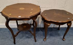 AN EDWARDIAN MAHOGANY AND INLAID OCTAGONAL CENTRE TABLE, with a wavy edge, raised on cabriole