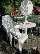 A SELECTION OF WHITE UPVC GARDEN FURNITURE, including a Martini branded folding table with metal