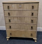 A 20TH CENTURY PAINTED CHEST OF FIVE DRAWERS, raised on cabriole legs, width 79cm x depth 49cm x