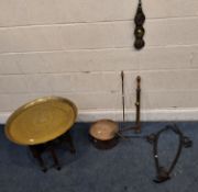 A SELECTION OF METALWARE, to include a brass dish top occasional table, on a folding wooden frame,