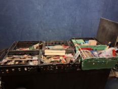 SIX TRAYS CONTAINING TOOLS including a Stanley No.4 plane, spanners, wood chisels, screws, bolts,