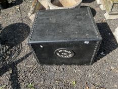 A VINTAGE GALVANISED IRON WATER TANK, with riveted corners and a plaque reading Antiques and