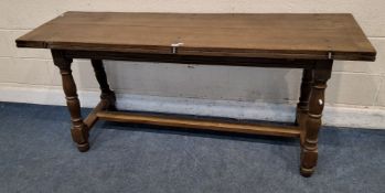 AN EARLY 20TH CENTURY OAK FRENCH DOUBLE FOLD OUT TABLE, each leaf with three steel hinges, raised on