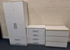 A MODERN GLOSSY WHITE TWO PIECE BEDROOM SUITE, comprising a double door wardrobe with two drawers,