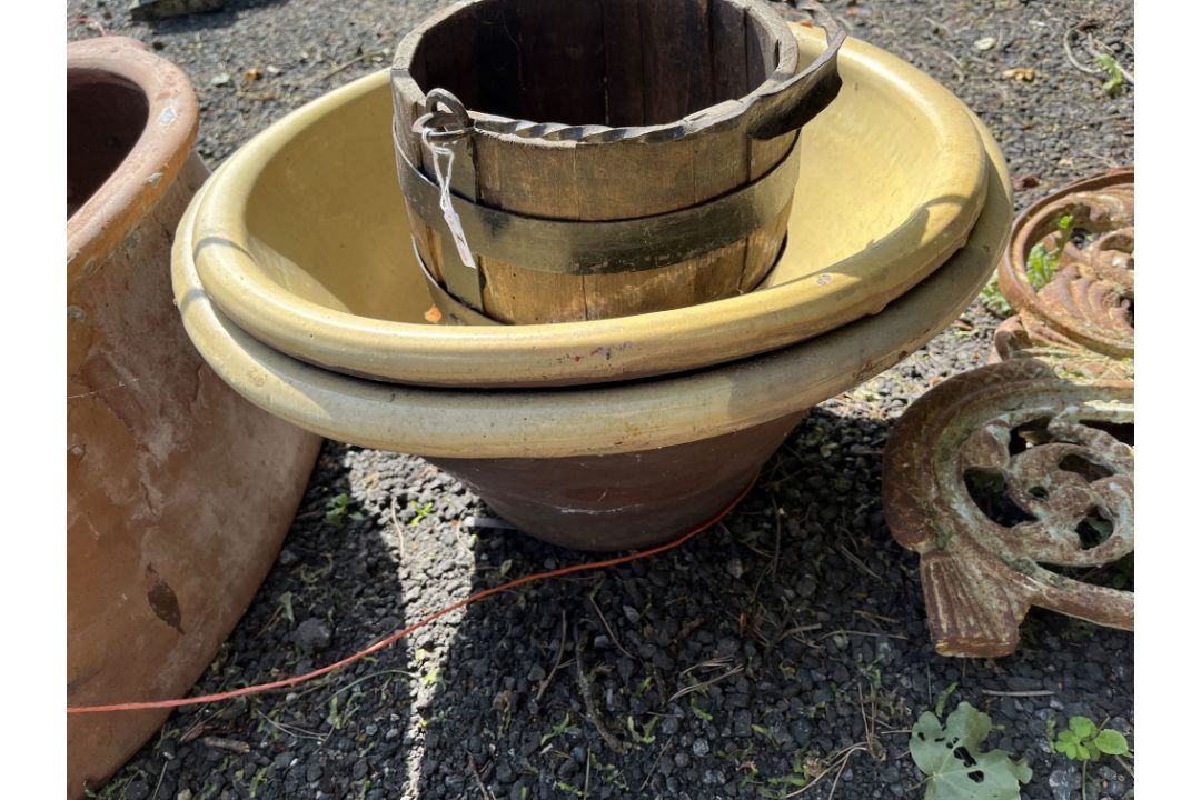 A COLLECTION OF GARDEN PLANTERS, including a large oval terracotta pot with a glazed interior, - Image 3 of 3