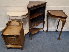 A CORNER CUPBOARD, width 62cm x depth 37cm x height 98cm, a corner table, an oak coal scuttle, along