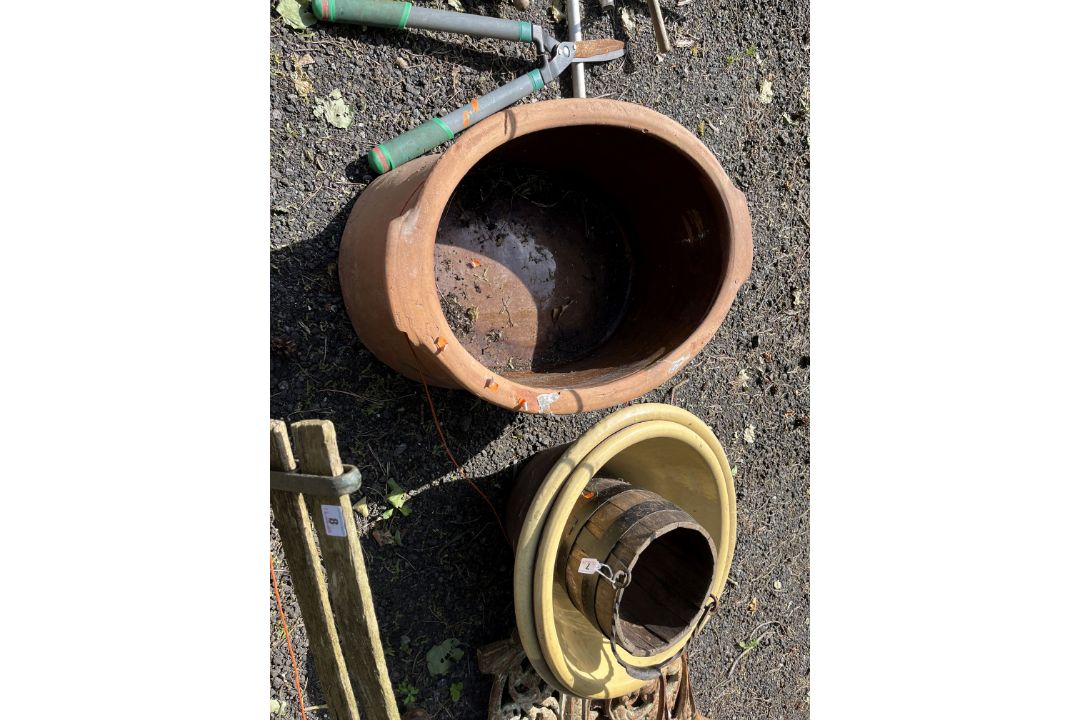 A COLLECTION OF GARDEN PLANTERS, including a large oval terracotta pot with a glazed interior, - Image 1 of 3