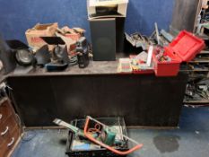 A COLLECTION OF TOOLS, STAGE LIGHTING AND SPEAKERS including two halogen stage lights, various