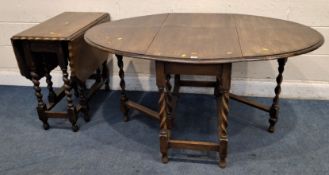 TWO EARLY 20TH CENTURY OAK GATE LEG TABLES, the larger one being oval, raised on barley twist