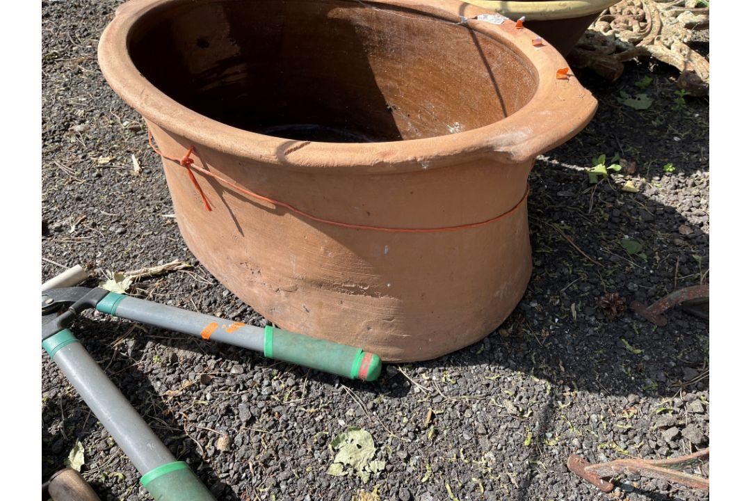 A COLLECTION OF GARDEN PLANTERS, including a large oval terracotta pot with a glazed interior, - Image 2 of 3