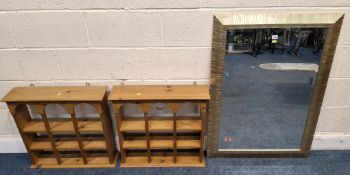 A MORRIS MIRRORS RECTANGULAR BEVELLED EDGE WALL MIRROR, 105cm x 75cm, along with a pair of pine