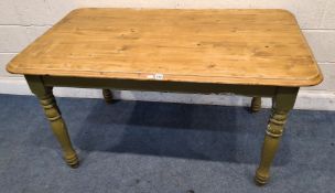 A PARTIALLY GREEN PAINTED PINE RECTANGULAR TABLE, raised on block and turned legs, width 142cm x