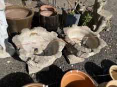 A PAIR OF CONCRETE GARDEN URNS, constructed in two parts, with acanthus leas detail to bowls, both