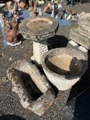 THREE CONCRETE GARDEN ITEMS, including a 60cm high bird bath, a 62cm long oblong planter in the form