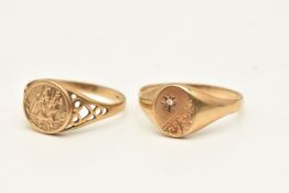 TWO 9CT YELLOW GOLD SIGNET RINGS, both hallmarked 9ct, ring size O 1/2 and P 1/2, approximate