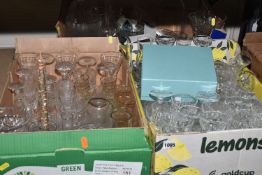 THREE BOXES OF MAINLY GLASS DRINKING VESSELS to include wine glasses, sherry glasses, tumblers,