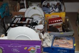 THREE BOXES OF GENERAL HOUSEHOLD ITEMS to include a part Colclough tea set, a part Royal Vale tea