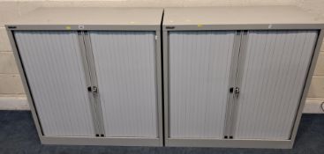 A PAIR OF BISLEY OFFICE CABINETS, with double tambour doors, width 100cm x depth 48cm x height