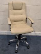 A CREAM LEATHERETTE SWIVEL OFFICE CHAIR, width 62cm x depth 67cm x maximum height 117cm x minimum