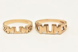 TWO 9CT YELLOW GOLD 'MUM' RINGS, both hallmarked 9ct, ring size K and N, approximate gross weight