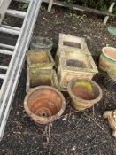 SEVEN GARDEN PLANTERS, including two pairs of square concrete planters, one pair 41cm across, the