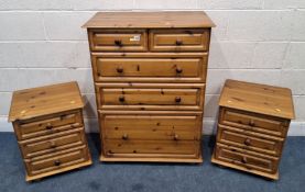 A MODERN PINE CHEST OF TWO SHORT OVER THREE LONG DRAWERS, width 78cm x depth 43cm x height 108cm,