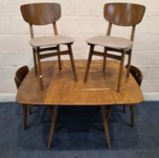 LUCIAN ERCOLANI, AN ERCOL MID-CENTURY ELM AND BEECH DROP LEAF TABLE, raised on square tapered