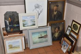 A QUANTITY OF PICTURES AND PRINTS ETC, to include an atmospheric coastal landscape with boats on the