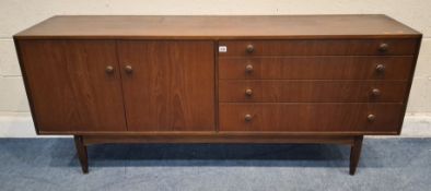 A MID-CENTURY TEAK SIDEBOARD, fitted with double cupboard doors and four graduated drawers, the